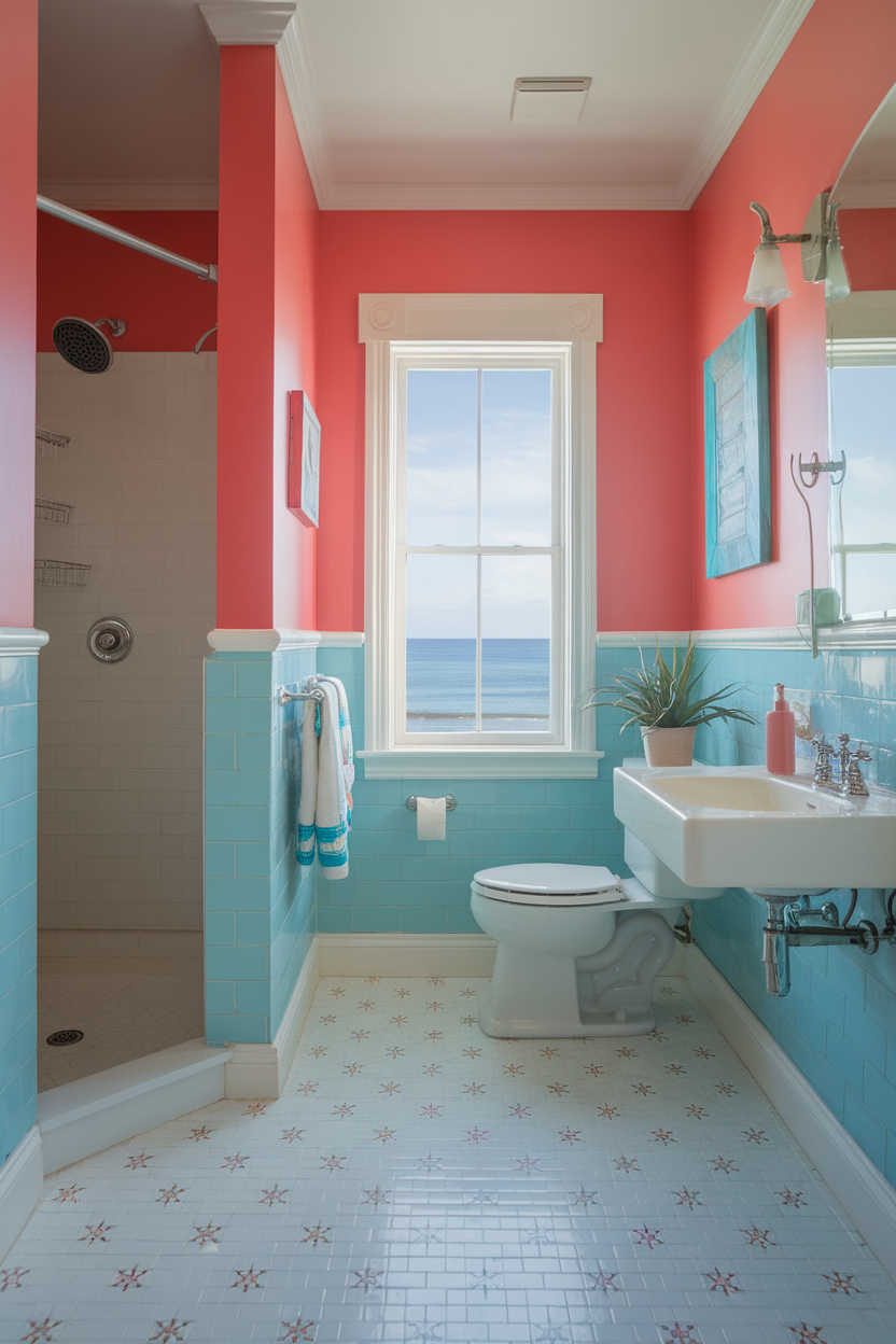 A bathroom featuring coral walls and aqua tiles, with a view of the ocean.