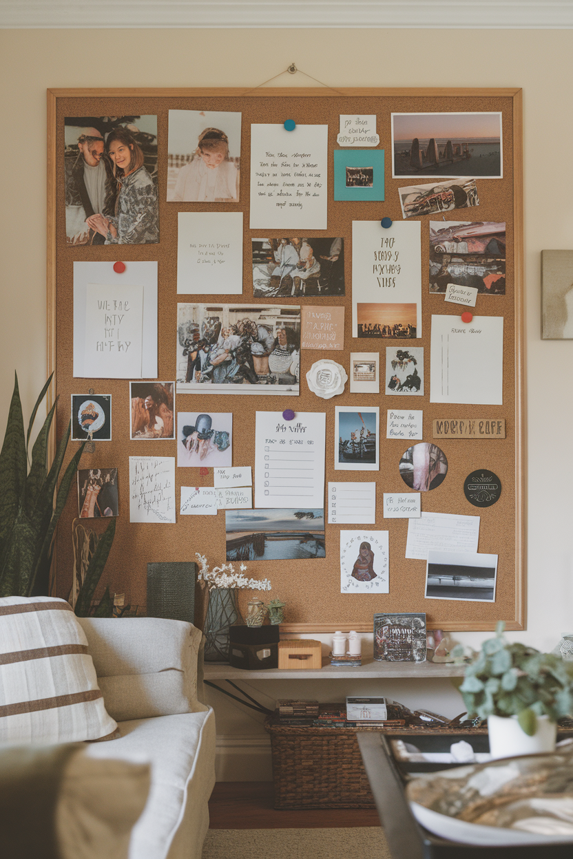 A corkboard filled with photos, notes, and memories in a cozy living room setting.