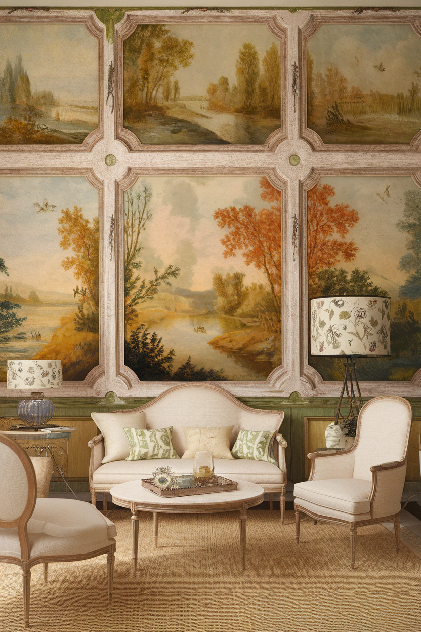 A cozy living room with country style wall art featuring serene landscape paintings.