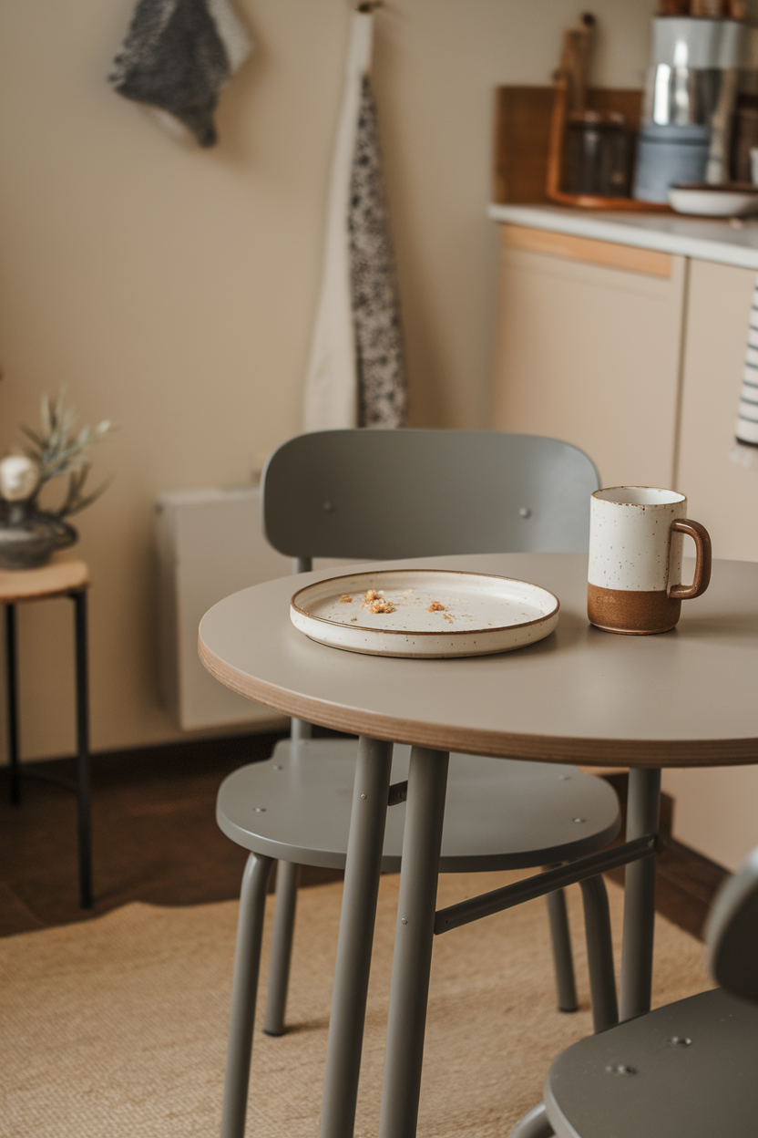 A cozy breakfast nook featuring a small table with a plate and mug, surrounded by minimalistic decor.