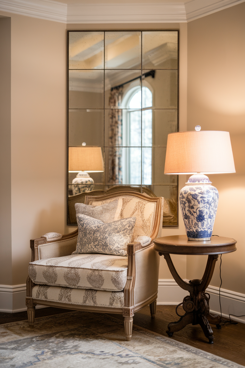 A cozy corner nook with a chair, decorative pillow, lamp, and table.