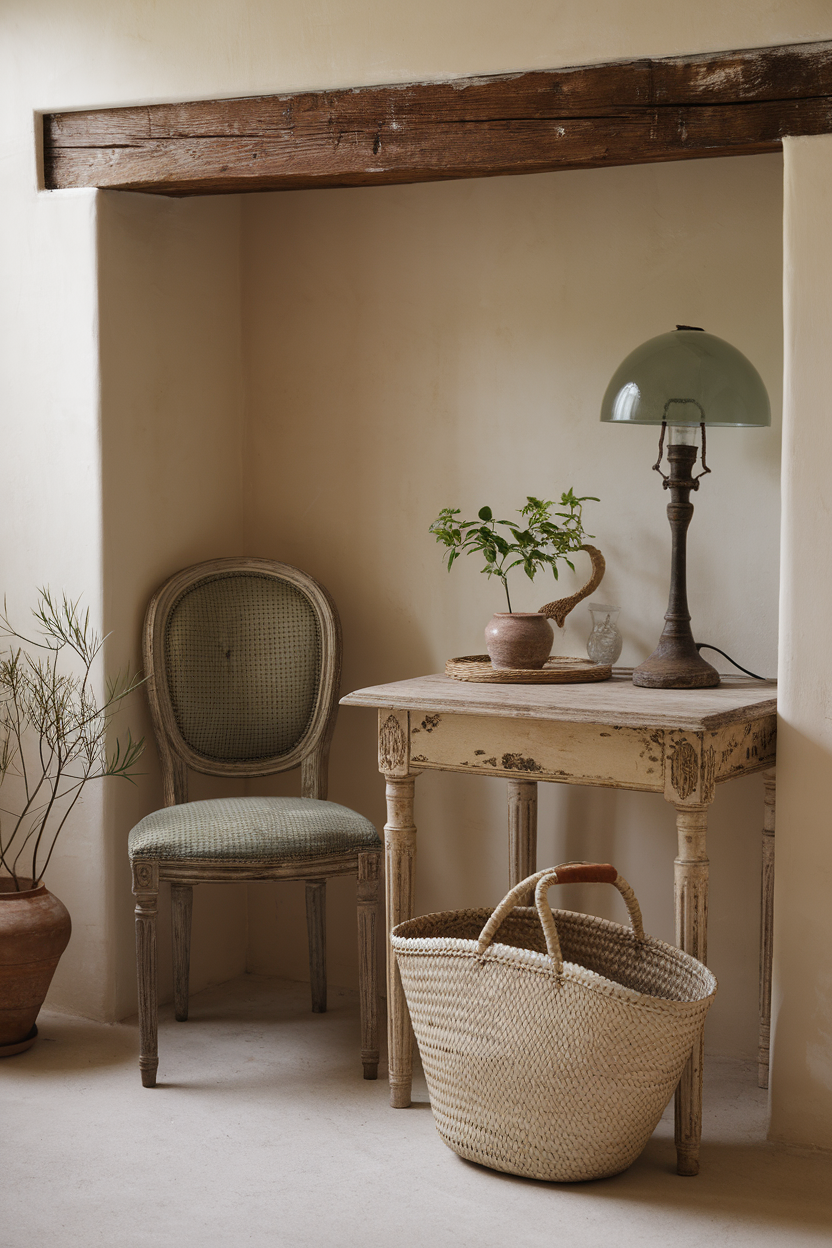 A cozy nook featuring a vintage chair, table, and decorative elements, creating a warm atmosphere.