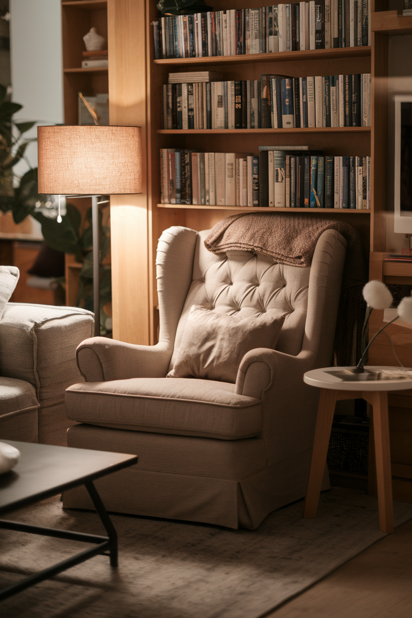 A cozy reading nook featuring a comfortable chair, warm lamp, and bookshelves filled with books.