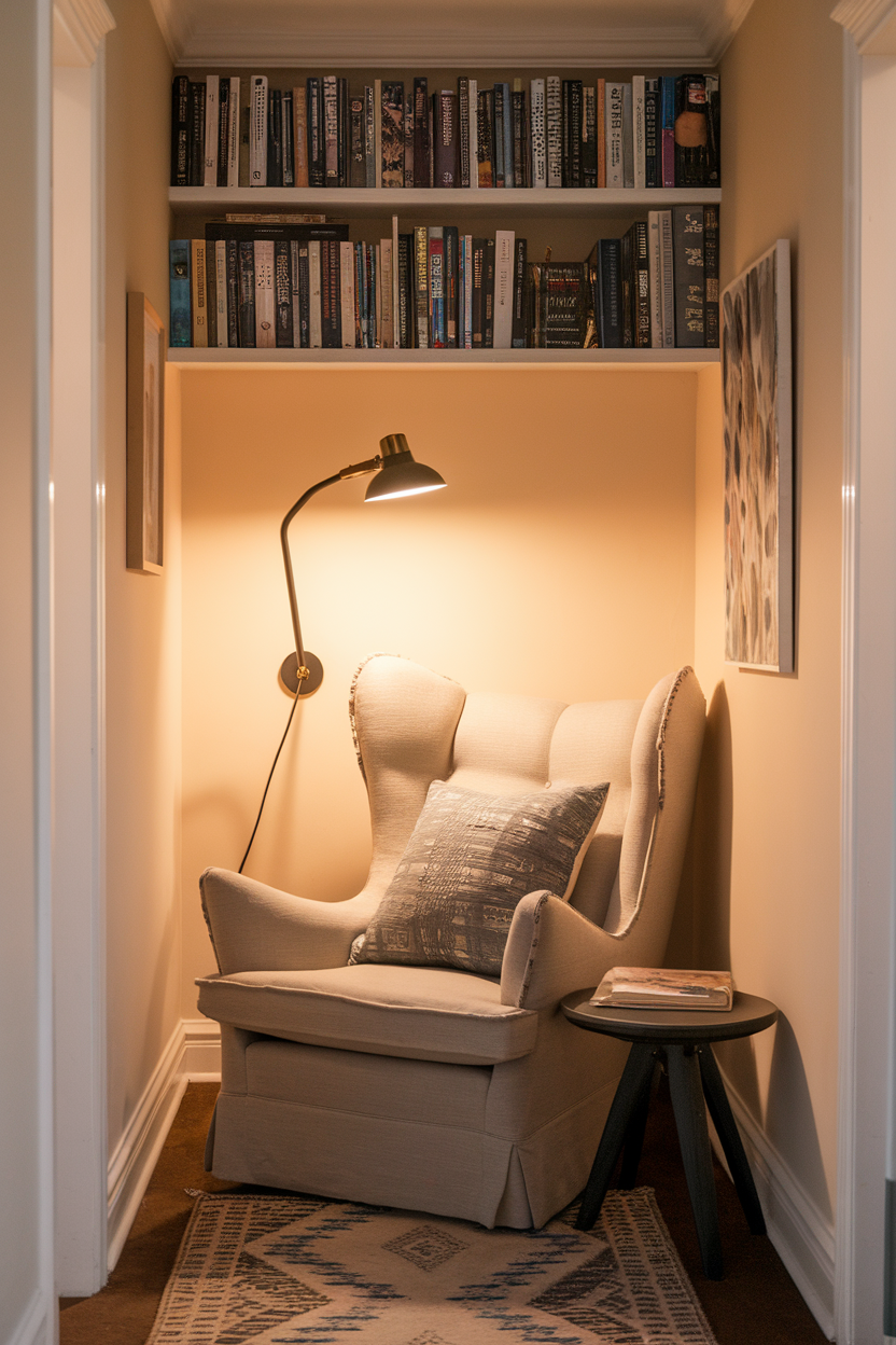 A cozy reading nook featuring a comfortable chair, a small side table, and a warm lamp, surrounded by shelves filled with books.