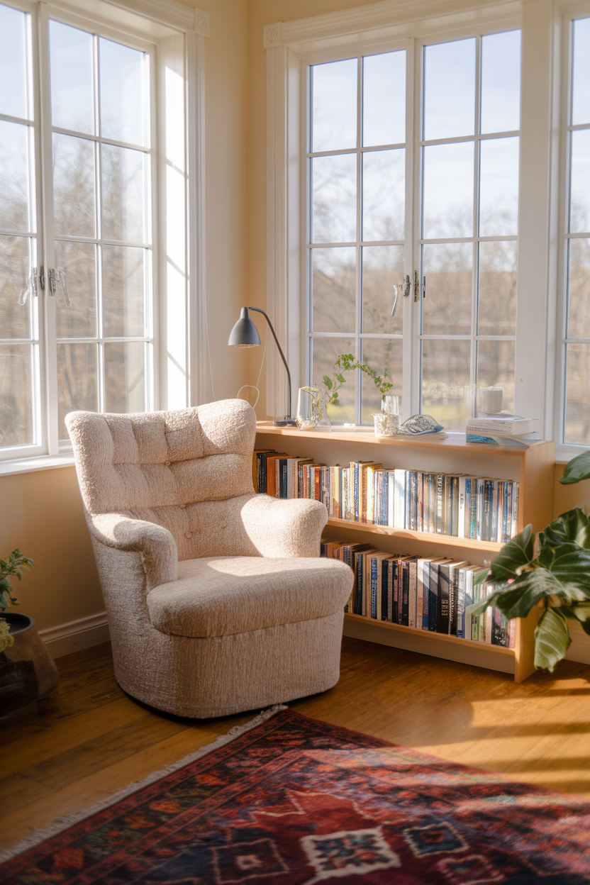 Cozy reading nook with a comfortable chair and a bookshelf by a sunny window.