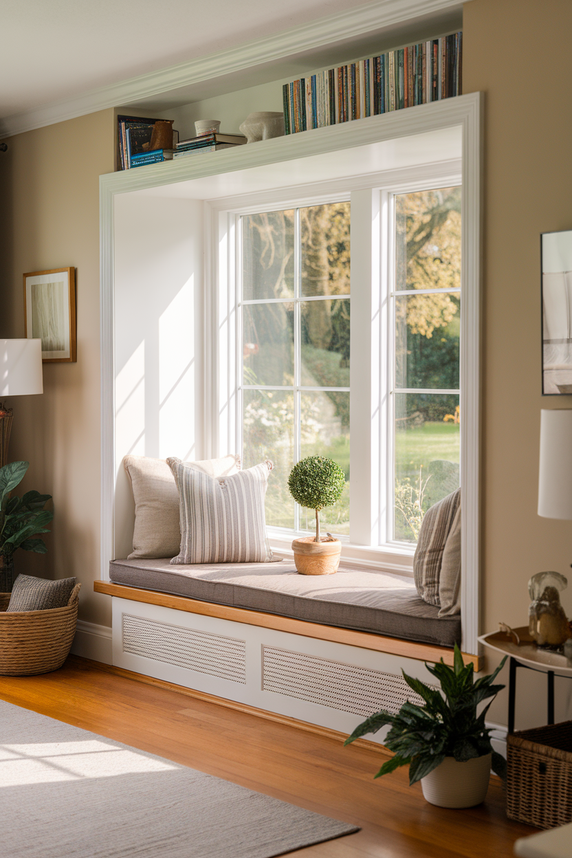 A cozy window seat with cushions, a small plant, and books on a shelf above.