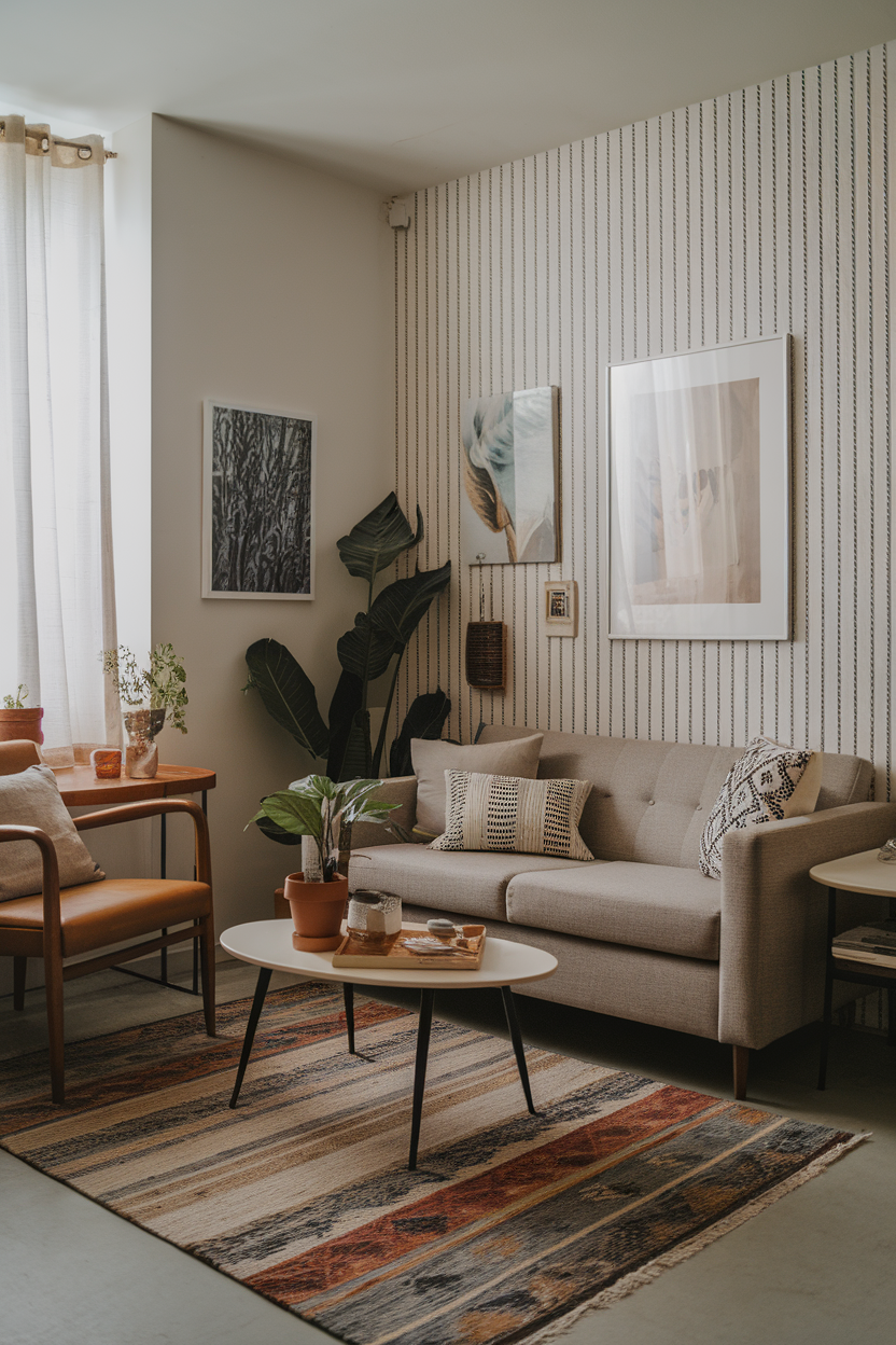 A cozy small living room with a sofa, coffee table, and plants, decorated in neutral tones.