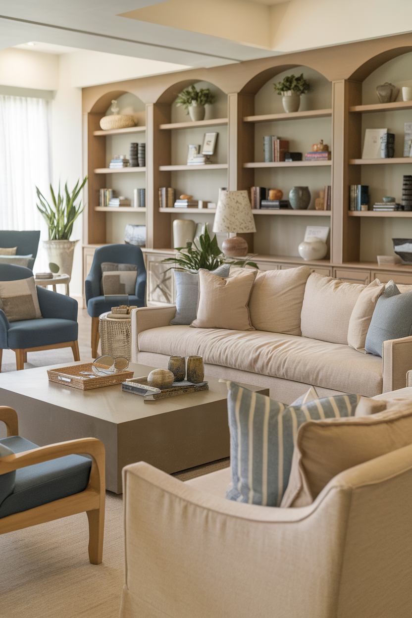 A cozy living room with comfortable seating and shelves filled with books and decorative items.