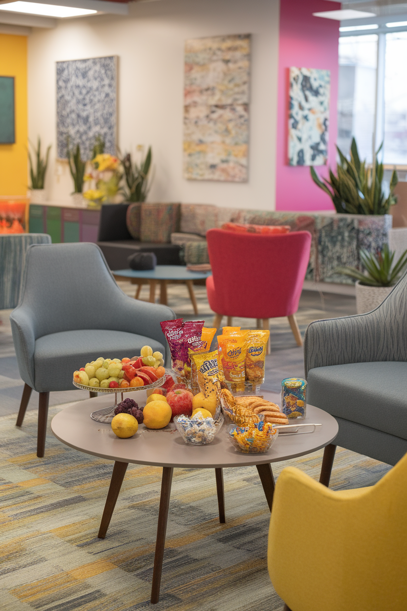 A break room with colorful seating, snacks, and plants.