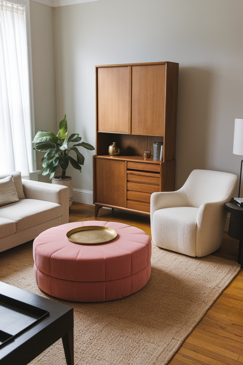 A small living room with a pink round coffee table, cozy chairs, and a wooden cabinet.