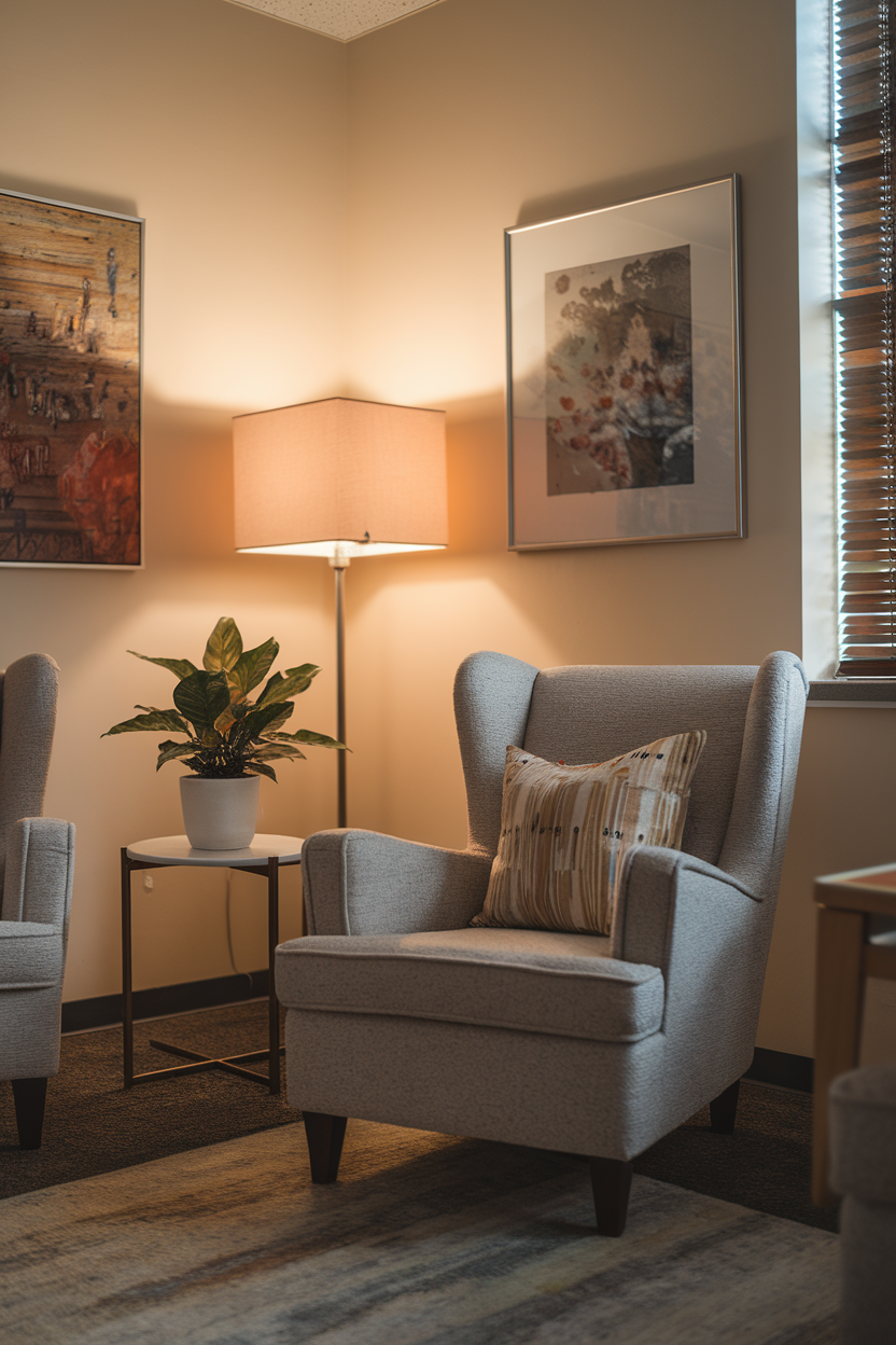Cozy office nook with chairs, a lamp, and a plant.