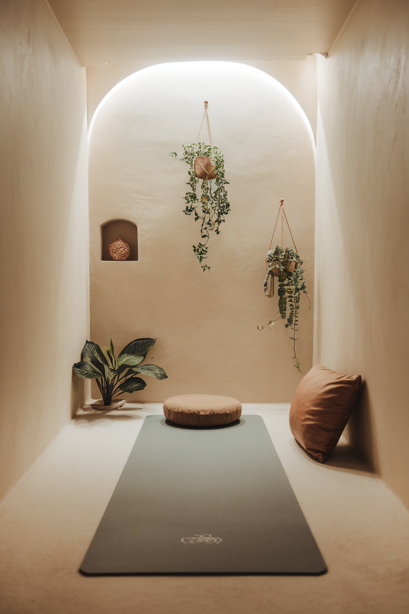 A serene yoga space with a mat, cushions, and hanging plants for relaxation.