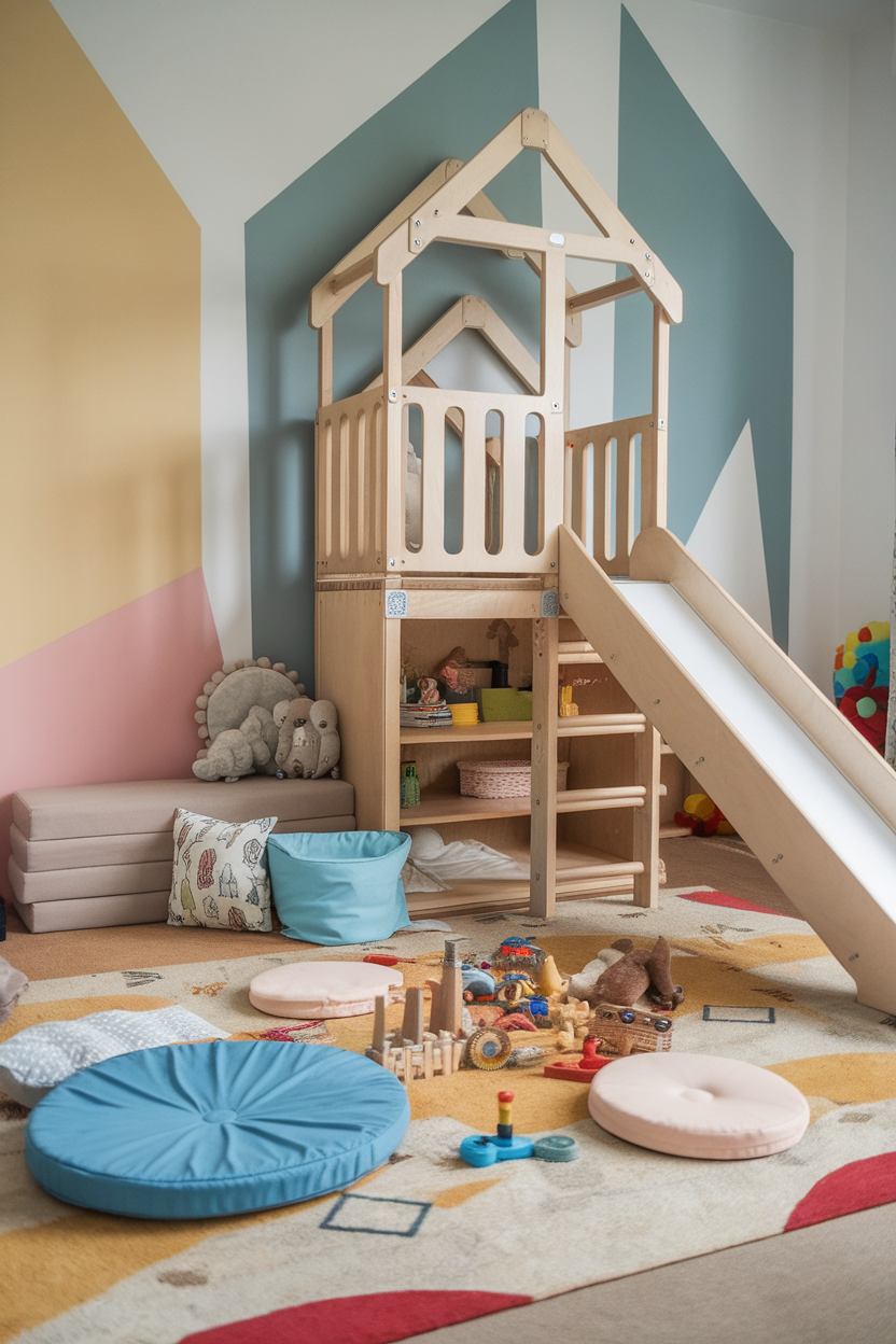 A bright and playful kids room featuring a wooden playhouse with a slide, colorful cushions, and various toys on the floor.