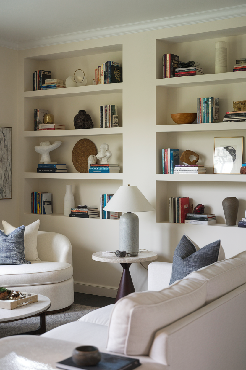 A cozy living room with built-in shelves showcasing books and decorative items.