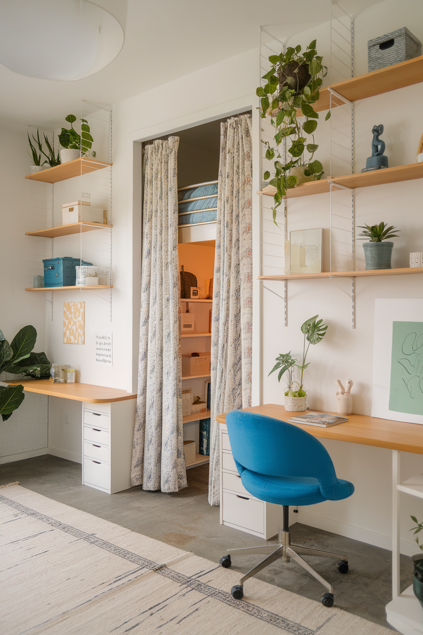 A neat and tidy workspace with shelves, plants, and a hidden storage area behind curtains.