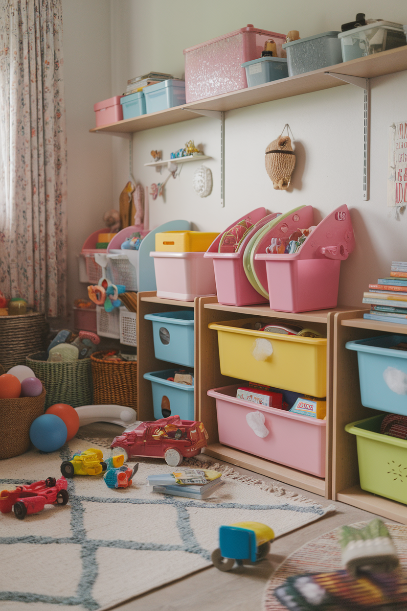 A colorful kids room with organized toy storage solutions including bins and baskets.