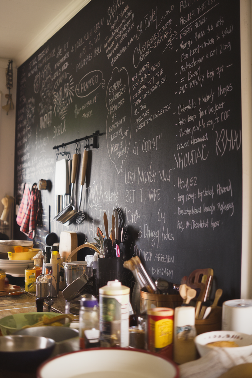 A kitchen wall covered with chalkboard writing and various kitchen utensils.
