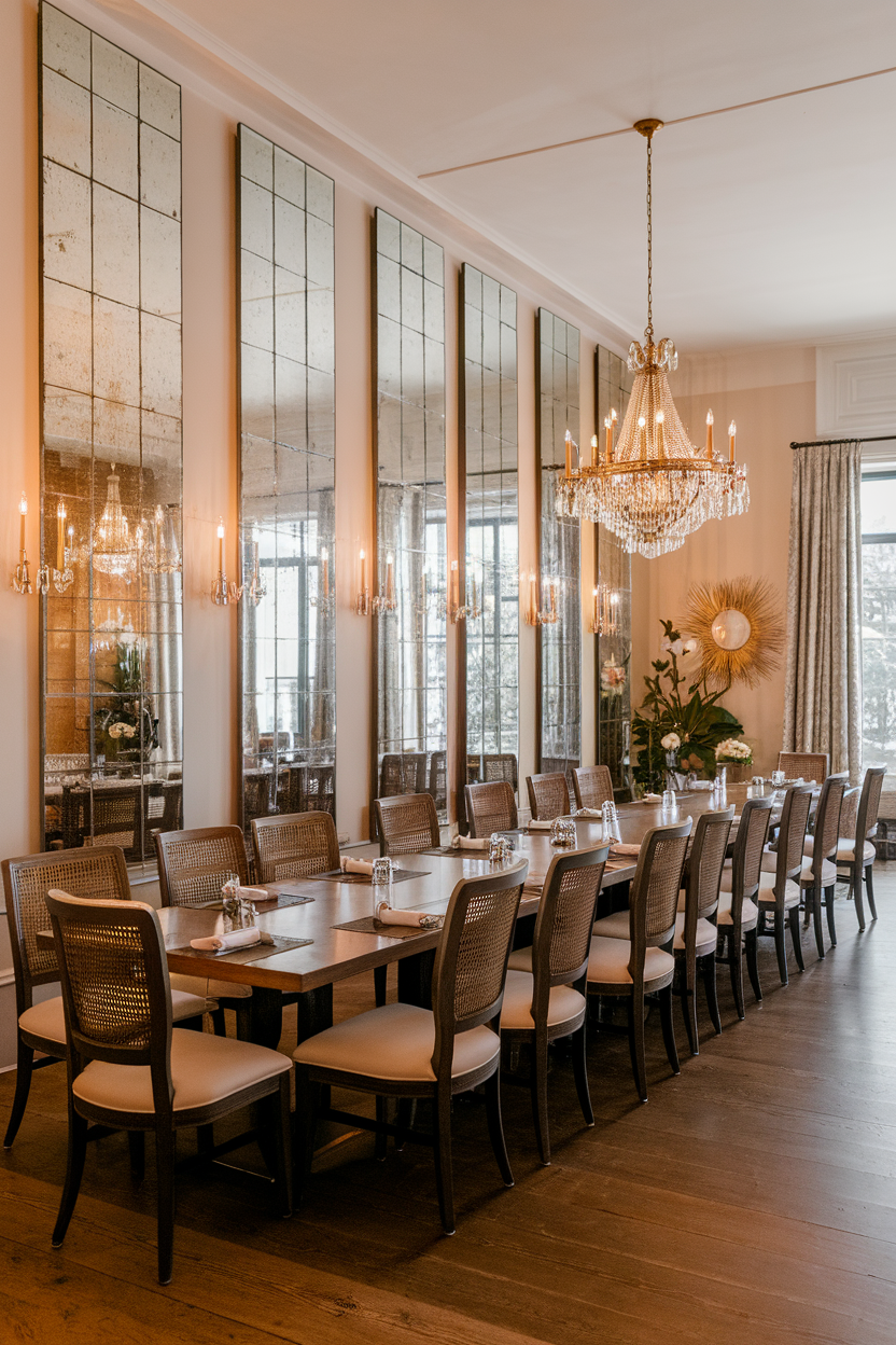 A stylish dining room featuring long tables, elegant chairs, and multiple mirrors reflecting light and decor.
