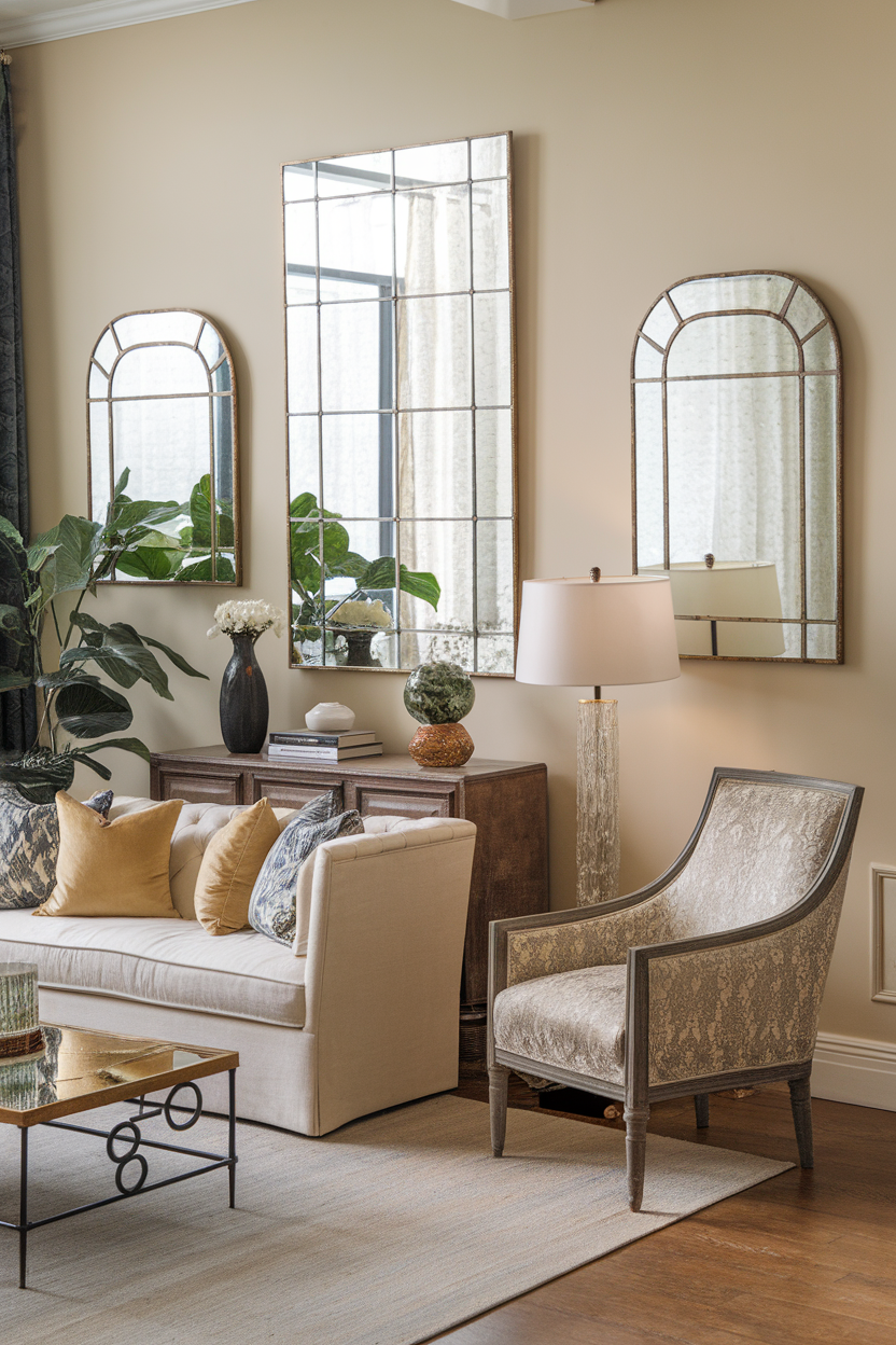 A stylish sitting room featuring mirrors on the wall, a comfortable sofa, and elegant decor.