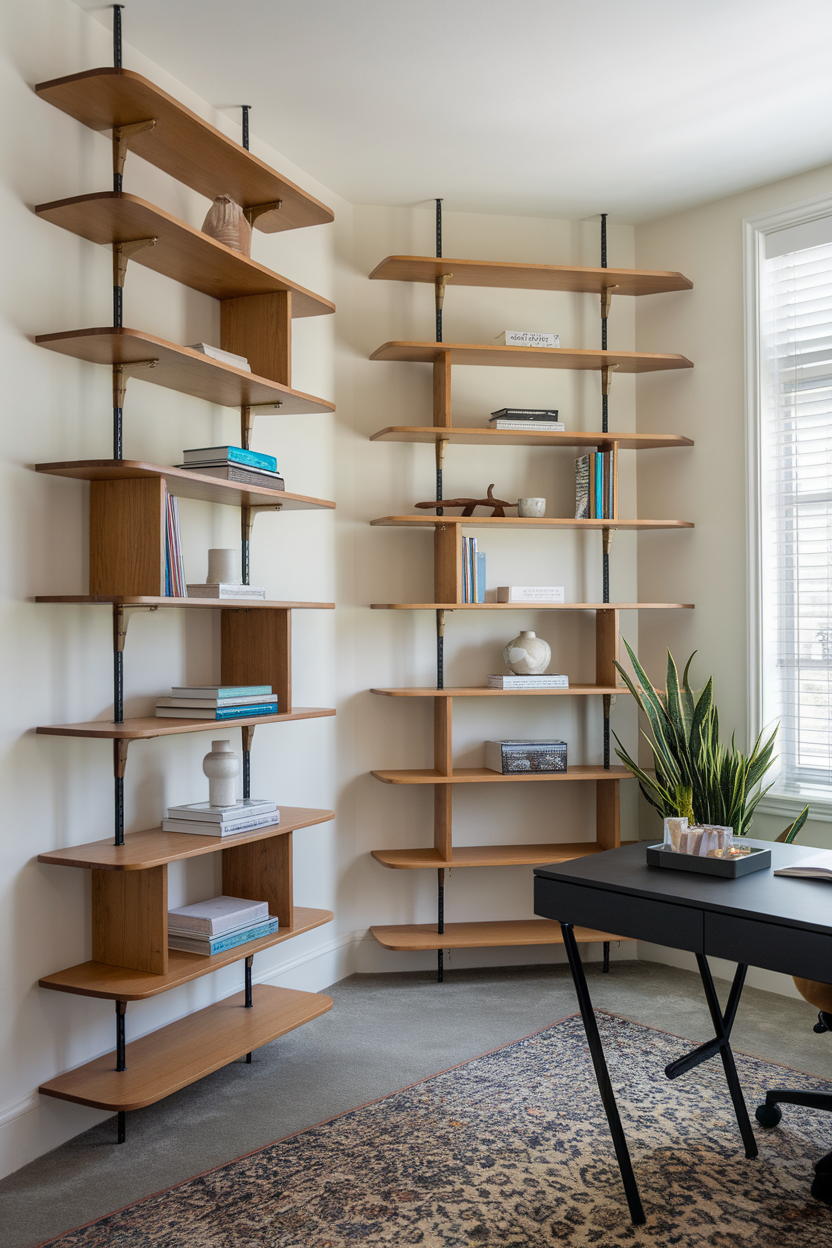 Stylish open shelving with books and decor in an office setting
