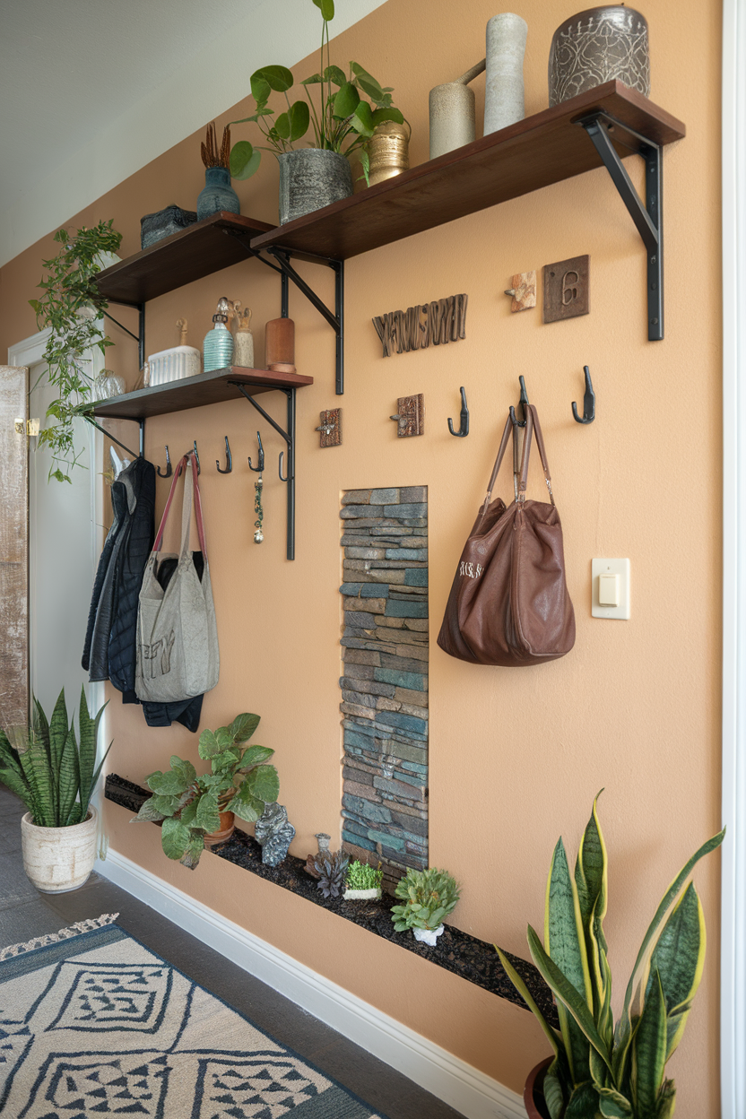 A stylish wall with open shelves, hooks, and plants, showcasing creative use of space.