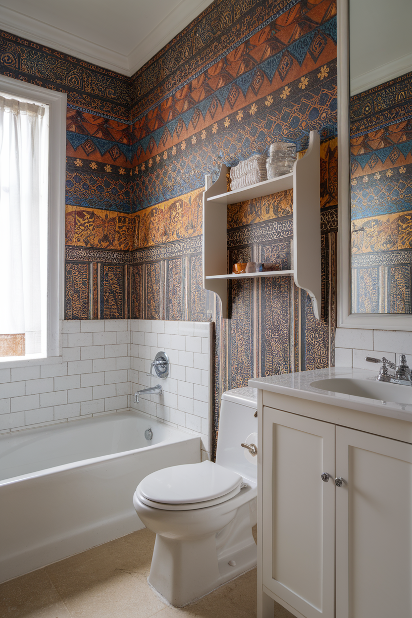 Bathroom featuring artistic wallpaper with bold patterns