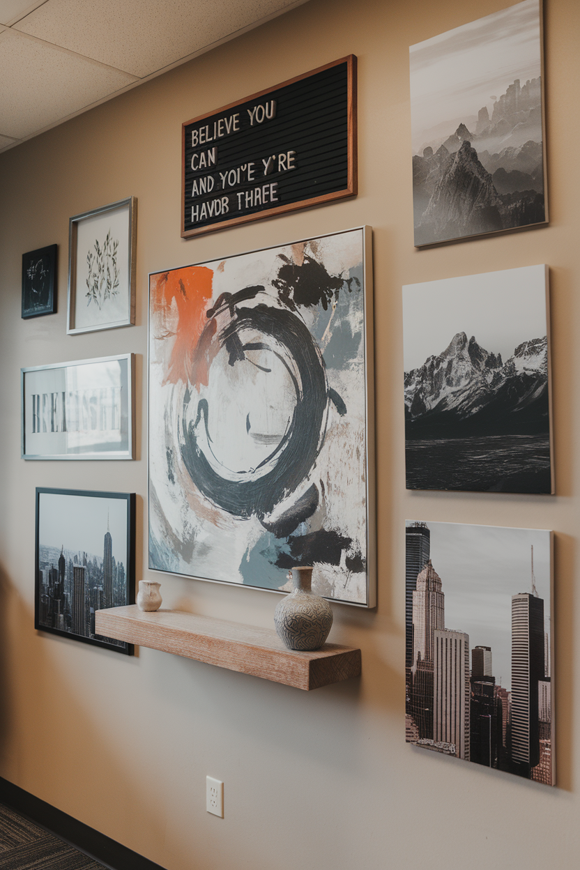 A gallery wall featuring a mix of abstract art, framed quotes, and photographs in a modern office setting.