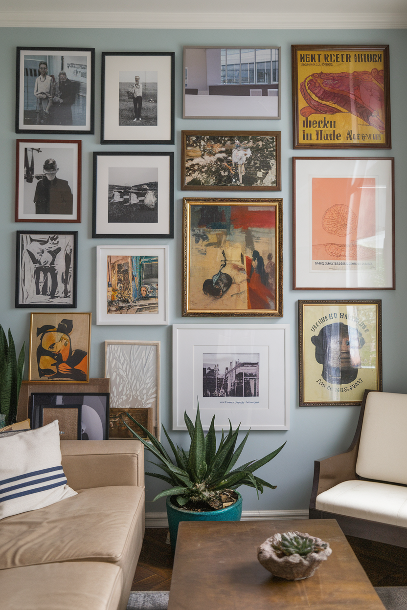 A creative wall art display in a small living room with various framed artworks and plants.