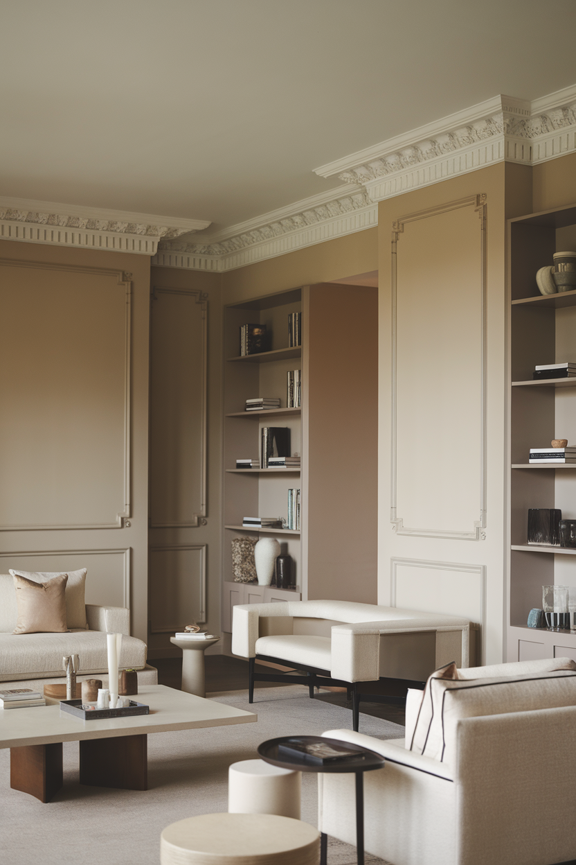 A stylish living room featuring elegant crown molding and neutral decor.