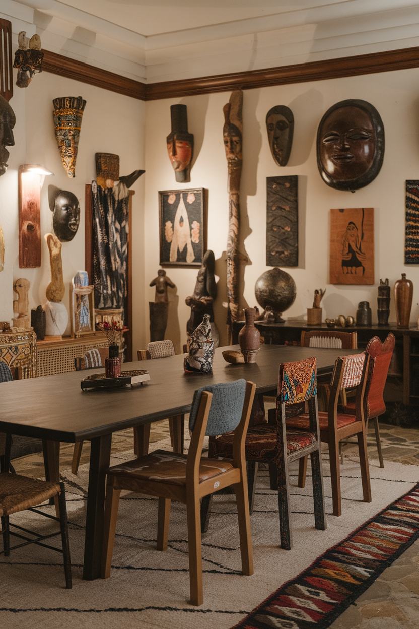Room filled with cultural artifacts, including masks and sculptures, with a wooden table and colorful chairs.