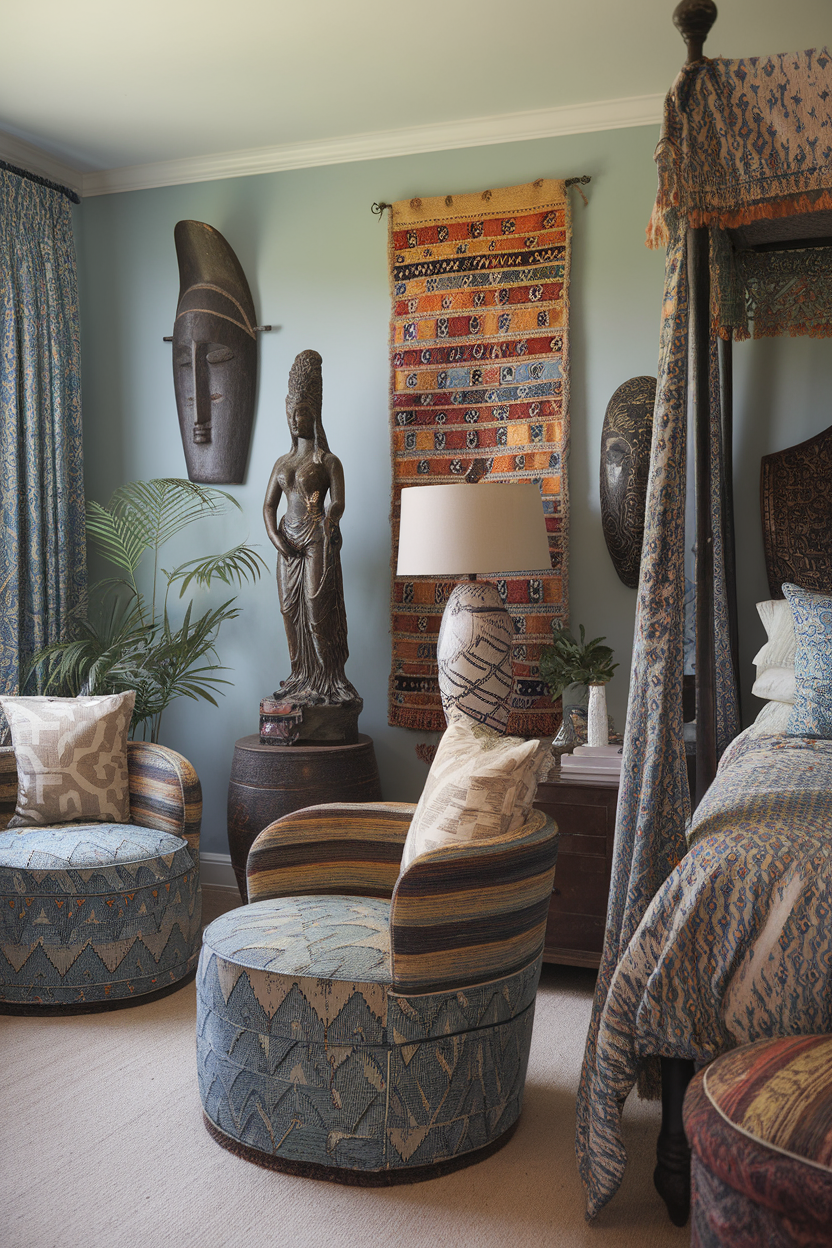 A cozy room featuring global decor with colorful textiles, a statue, and unique furnishings.