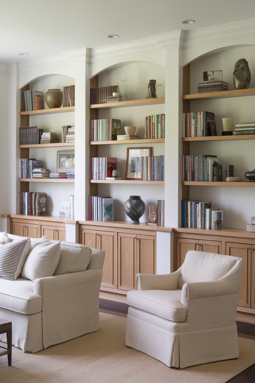 A sitting room with custom built-in shelves filled with books and decorative items.