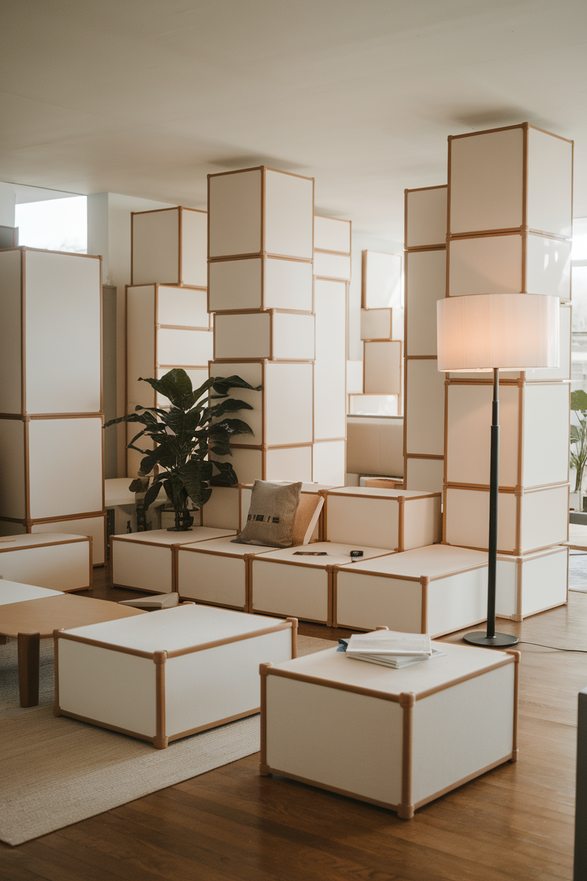A cozy living space featuring customizable modular furniture with light-colored blocks and a floor lamp.