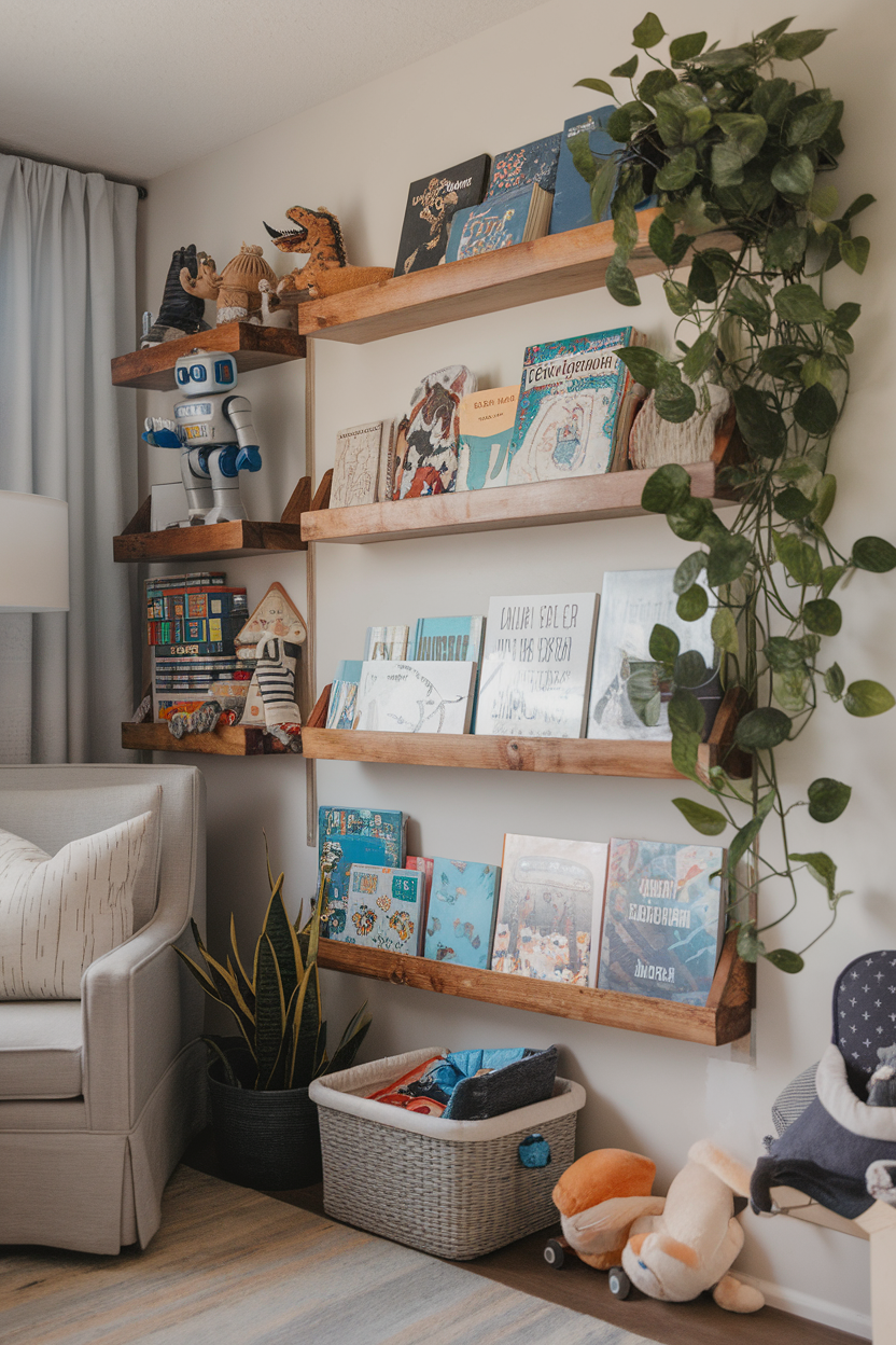 A cozy kids room featuring customized wall shelves filled with books, toys, and plants.