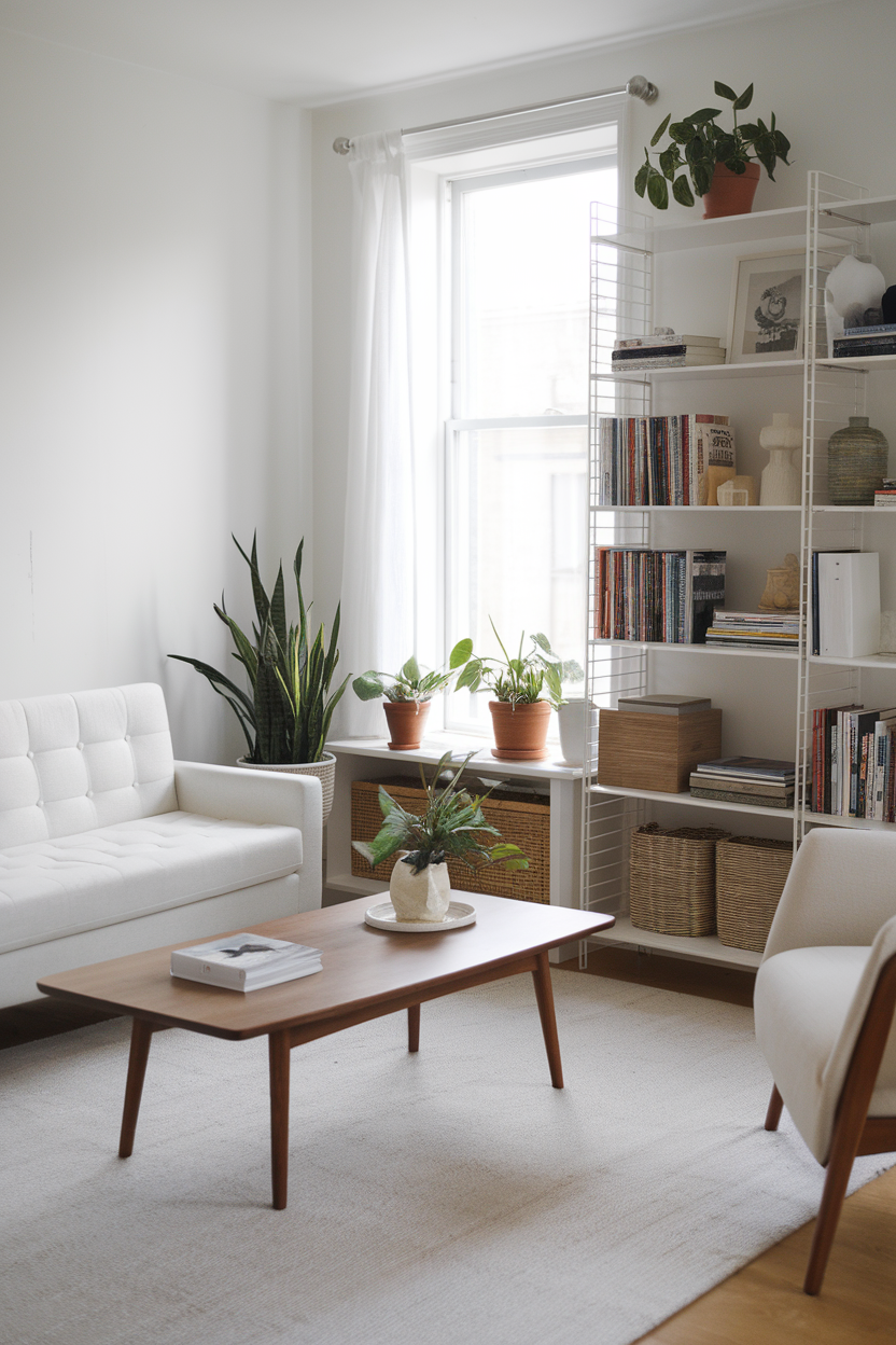 A clean and minimalist room featuring a desk, a cozy bed, and decorative plants.