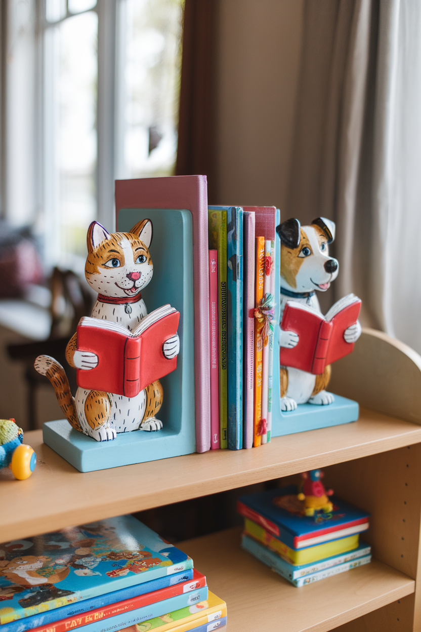 Colorful decorative bookends featuring a cat and dog holding books, placed between bright children's books on a shelf.