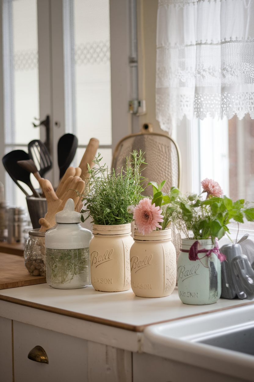 Decorative mason jars filled with herbs and flowers on a kitchen counter.