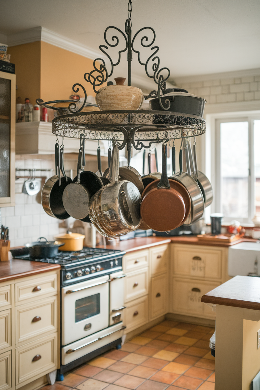 A beautifully arranged kitchen with a decorative pot rack hanging above a stove.