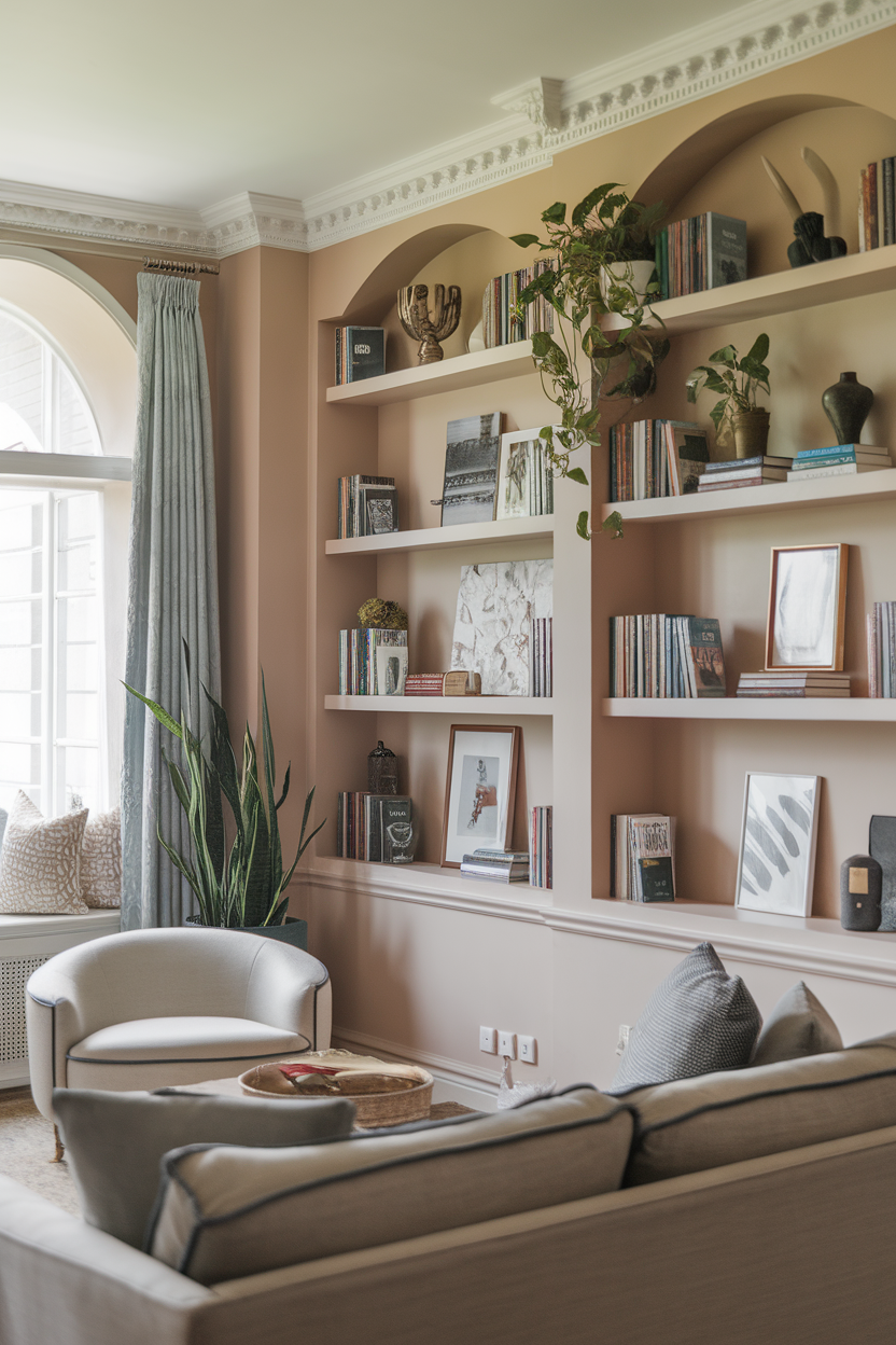 Stylish living room with decorative shelves displaying books, plants, and artwork.