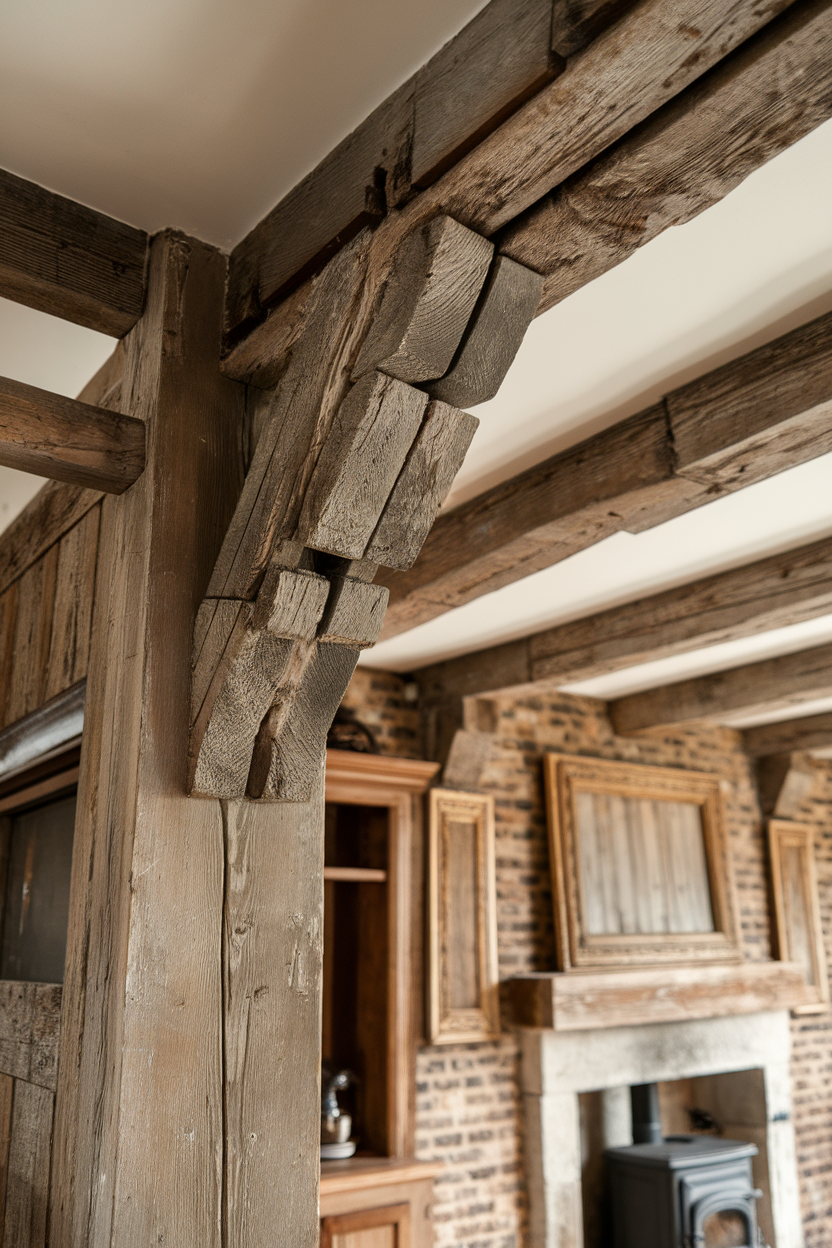 Close-up of distressed wood beams and accents in a rustic interior