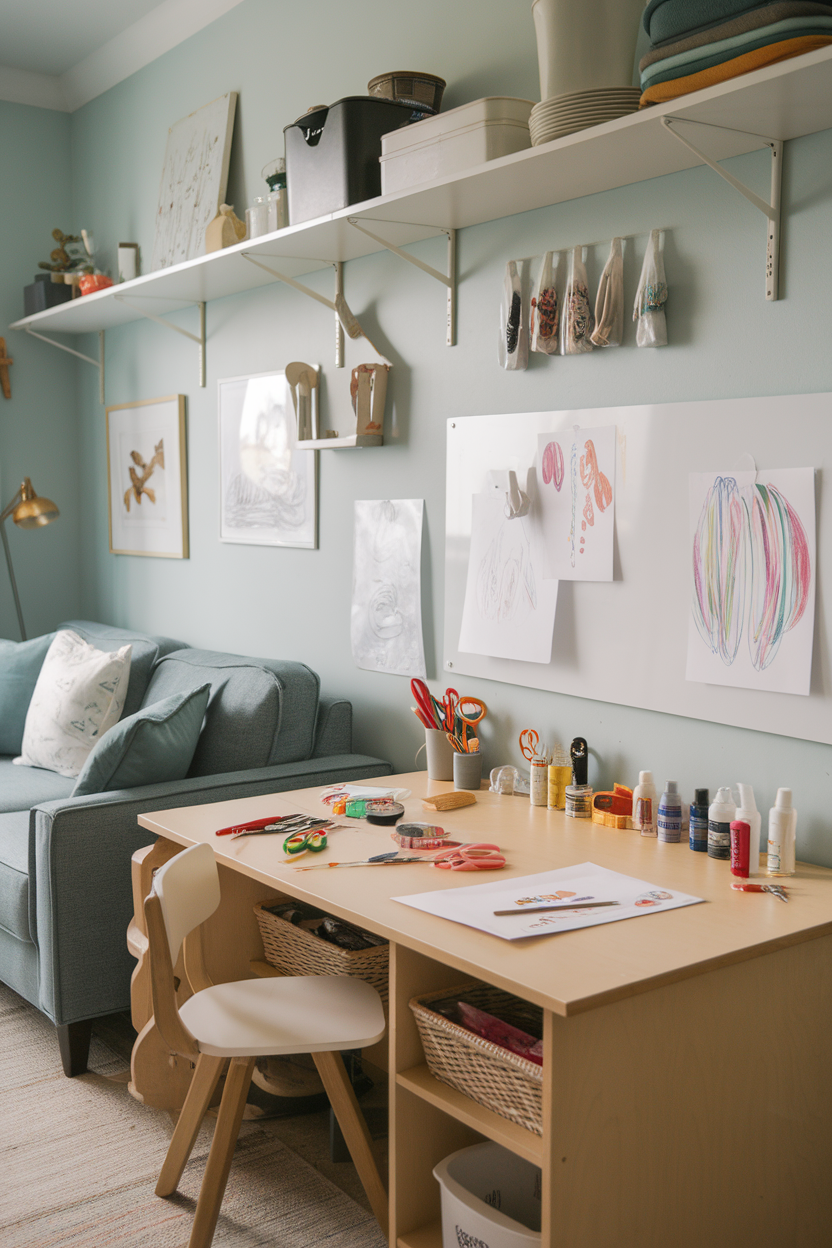 A cozy kid's room with a craft table and colorful art supplies.