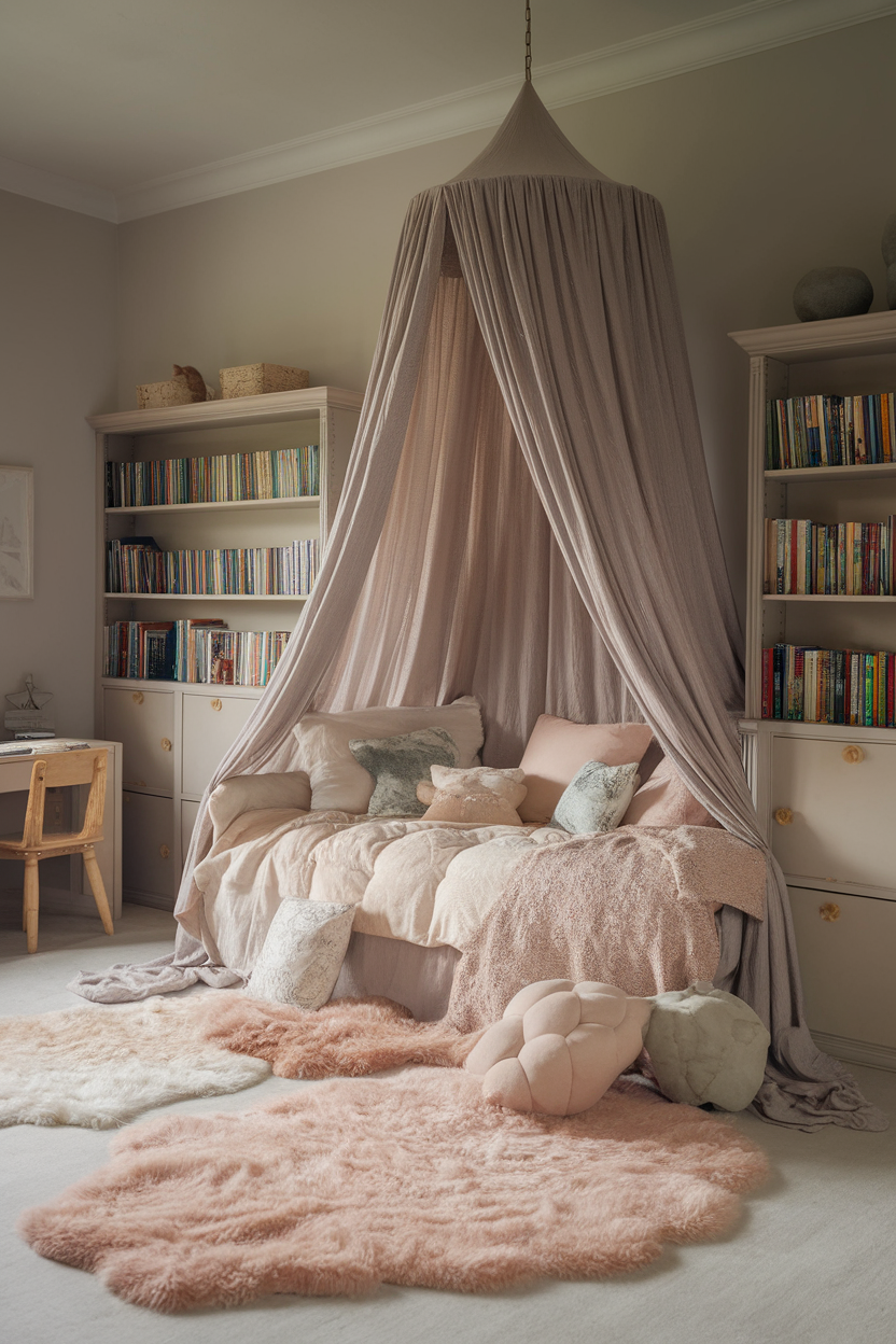 A cozy kids room featuring a canopy bed with soft fabrics, plush pillows, and fluffy rugs.