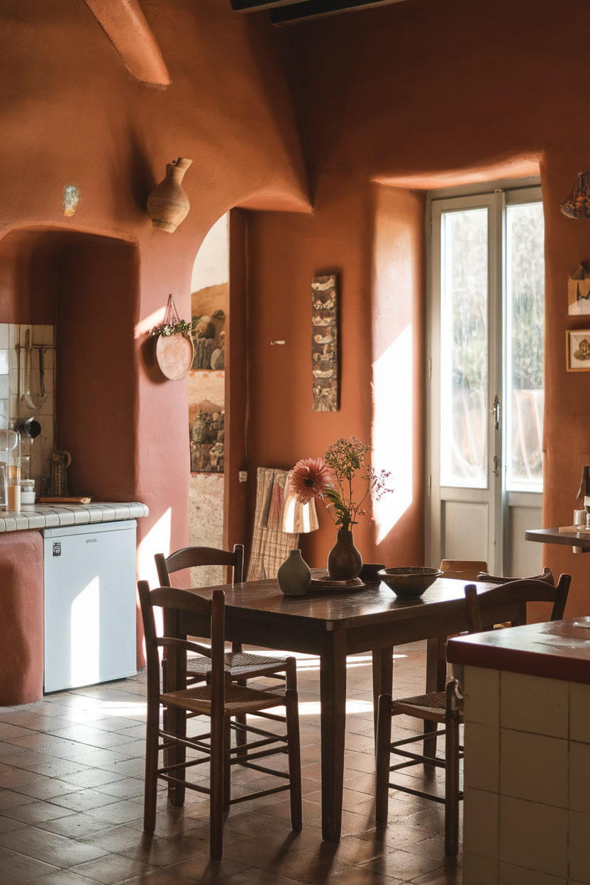 A cozy kitchen with earthy terracotta walls and wooden furniture.
