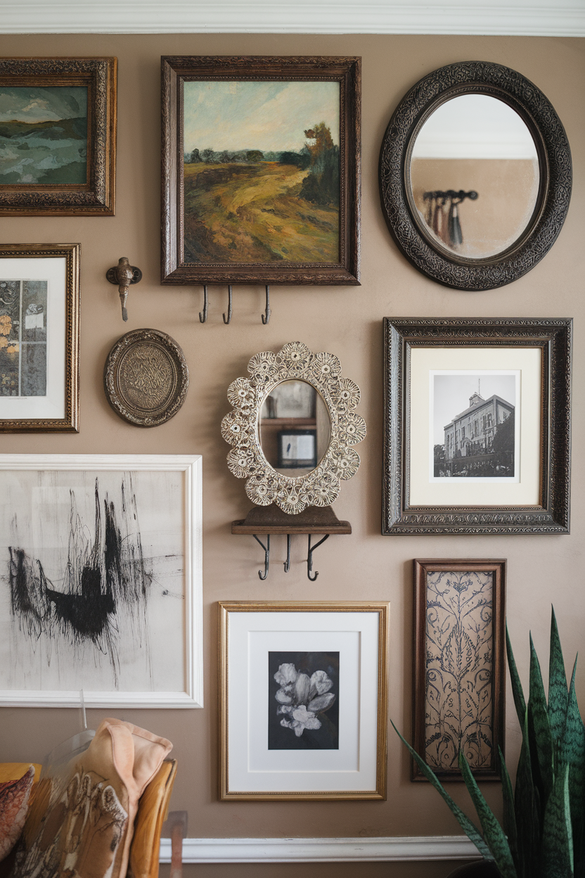 Eclectic gallery wall featuring various framed art, mirrors, and decorative elements.