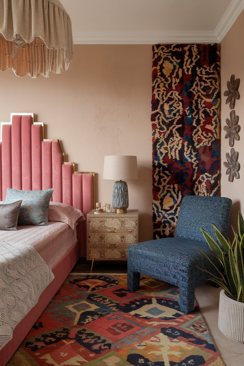 A stylish bedroom featuring a pink velvet headboard, patterned rug, and eclectic decor.