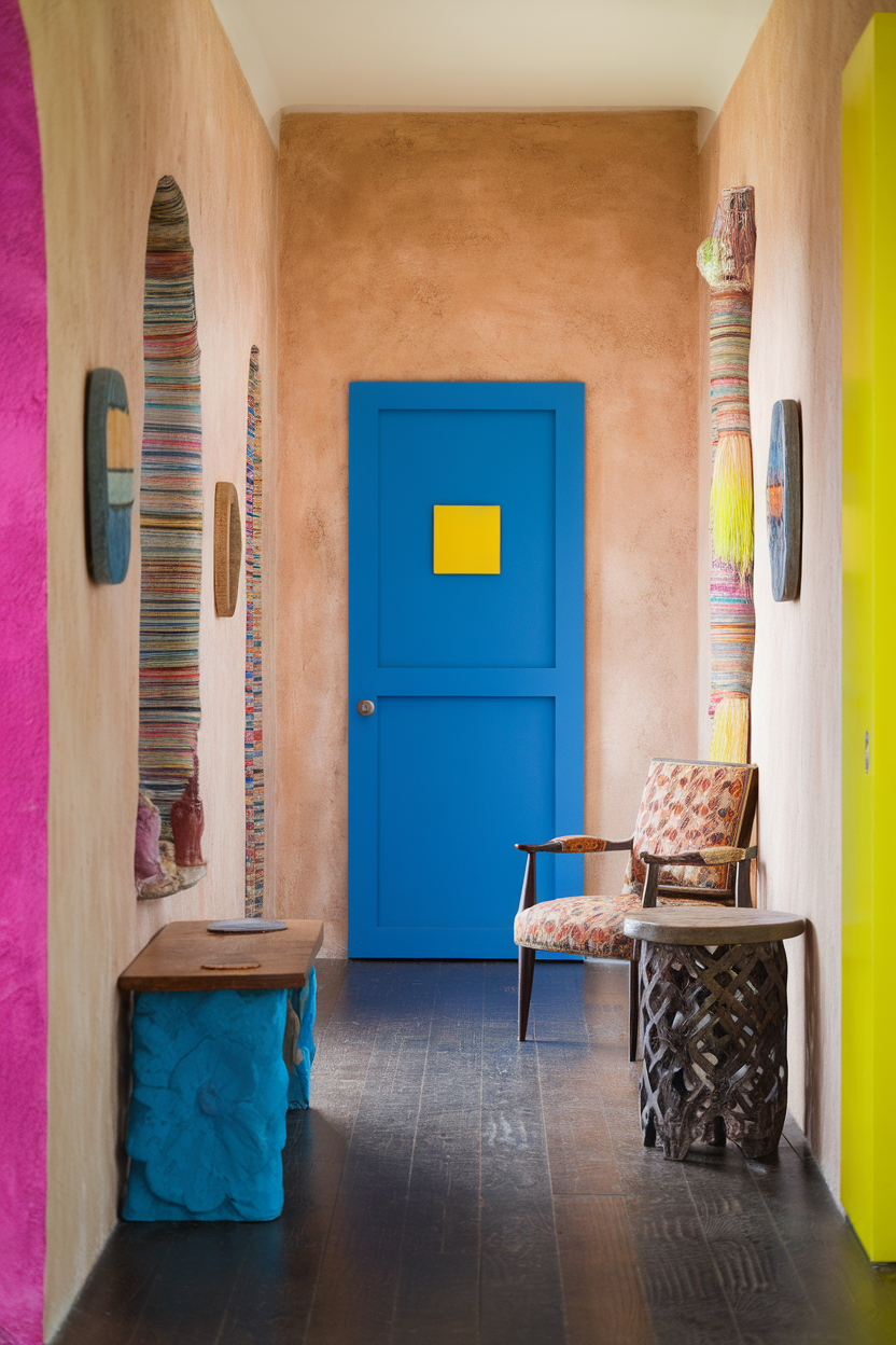 Colorful hallway featuring a blue door, pink walls, wooden furniture, and textured decorations.