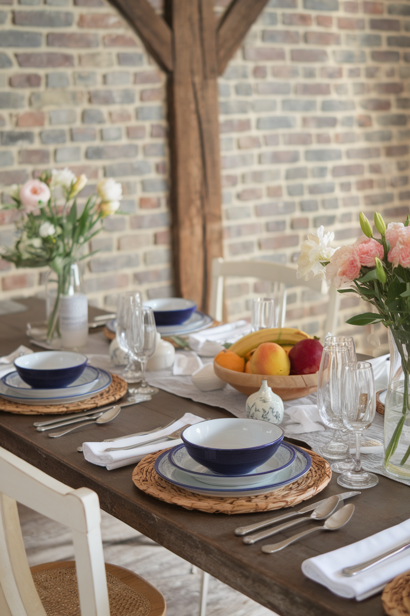 A beautifully set farmhouse dining table with plates, glasses, and fresh flowers.