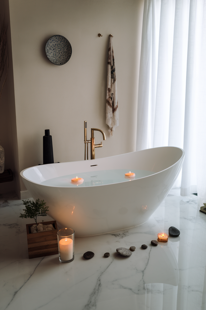 A stylish freestanding bathtub with candles and decorative stones.