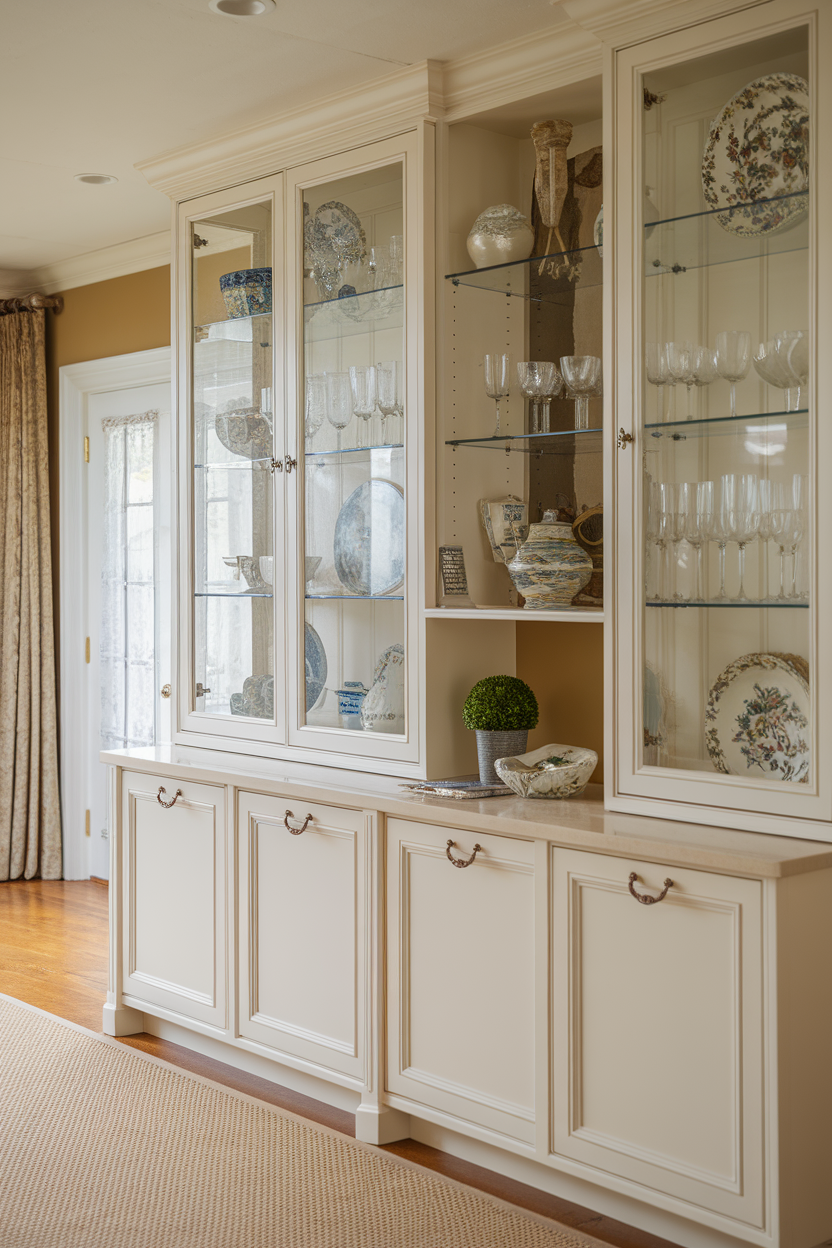 A stylish glass cabinet displaying various dishware and decorative items.