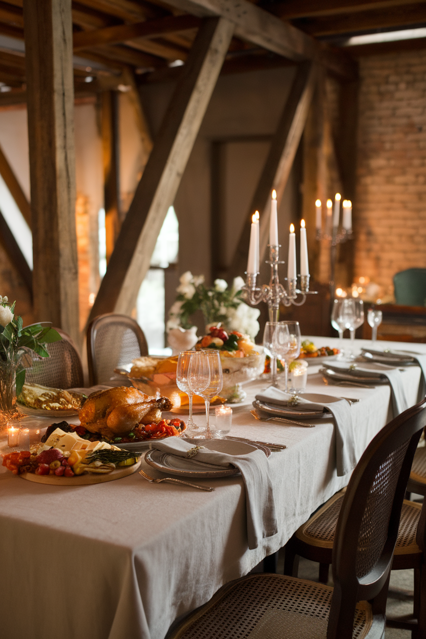 A beautifully set dining table with linen textiles, showcasing a delicious feast.